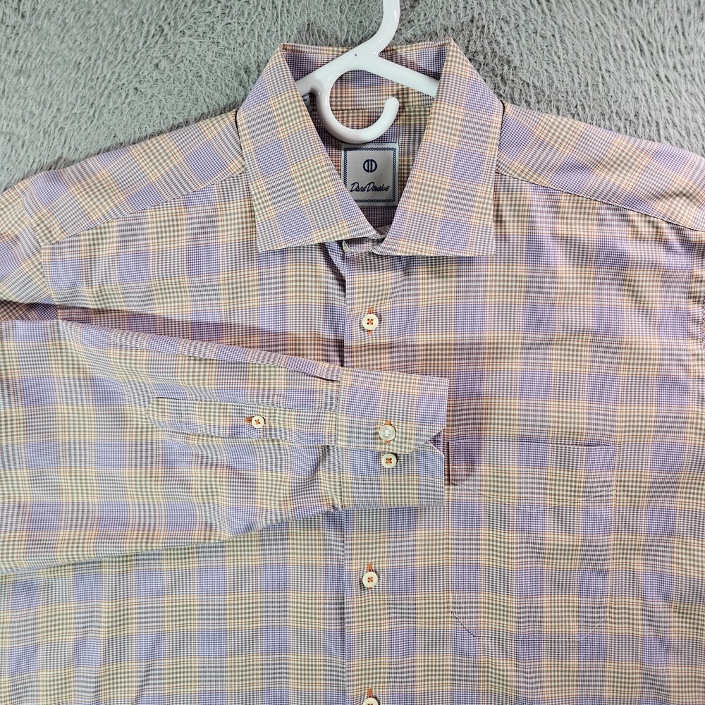 David Donahue Dress Shirt Men Large Button Up‎ Long Sleeve Purple Brown Plaid